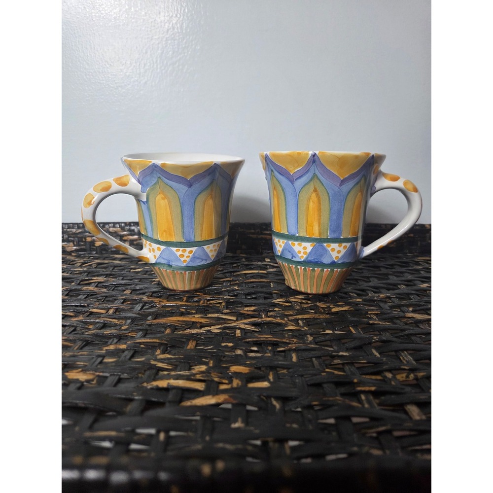 Schlossberg Hampuri RARE Vtg Hand Painted Terracotta Coffee Mugs Set of 2